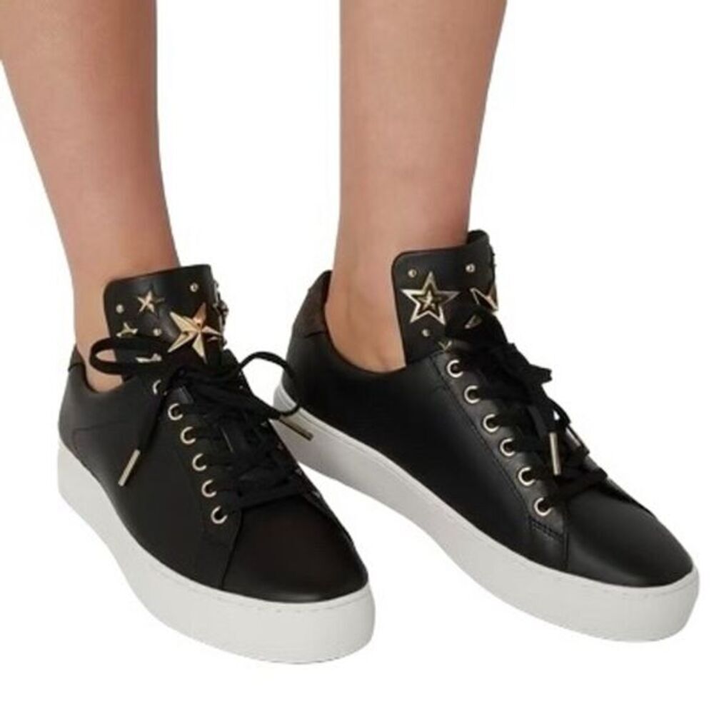 Michael Kors Mindy Women's Black Leather Gold Star Casual Sneakers - Picture 3 of 14